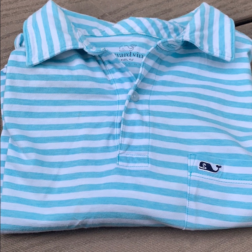 Blue and white striped shirt sleeved polo